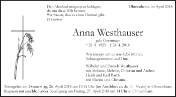 Traueranzeige von Anna Westhauser von Schwäbische Post