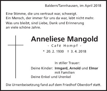 Traueranzeige von Anneliese Mangold von Schwäbische Post