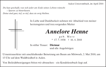 Traueranzeige von Annelore Henne von Schwäbische Post