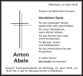 Traueranzeige von Anton Abele von Schwäbische Post