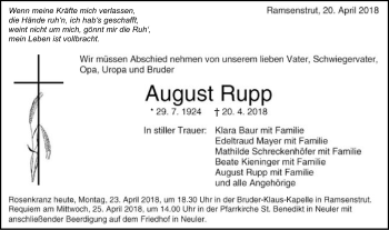 Traueranzeige von August Rupp von Schwäbische Post