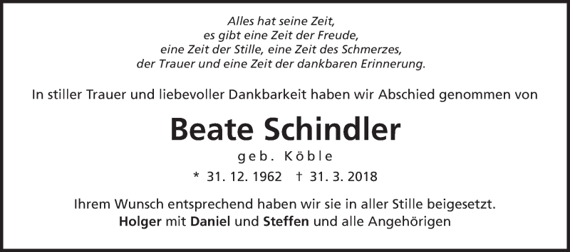  Traueranzeige für Beate Schindler vom 12.04.2018 aus Schwäbische Post