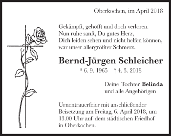 Traueranzeige von Bernd-Jürgen Schleicher von Schwäbische Post