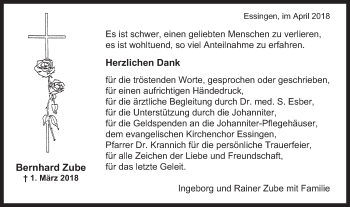 Traueranzeige von Bernhard Zube von Schwäbische Post