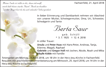 Traueranzeige von Berta Saur von Schwäbische Post