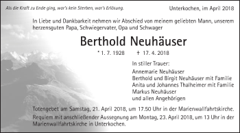 Traueranzeige von Berthold Neuhäuser von Schwäbische Post