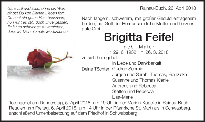  Traueranzeige für Brigitta Feifel vom 04.04.2018 aus Schwäbische Post