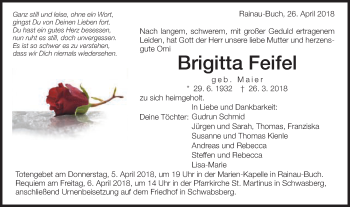 Traueranzeige von Brigitta Feifel von Schwäbische Post