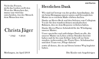 Traueranzeige von Christa Jäger von Gmünder Tagespost