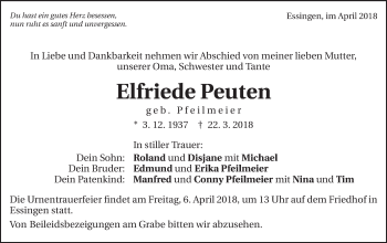 Traueranzeige von Elfriede Peuten von Schwäbische Post