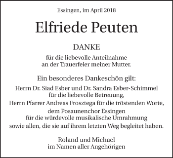 Traueranzeige von Elfriede Peuten von Schwäbische Post