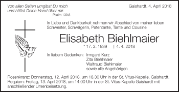 Traueranzeige von Elisabeth Biehlmaier von Schwäbische Post