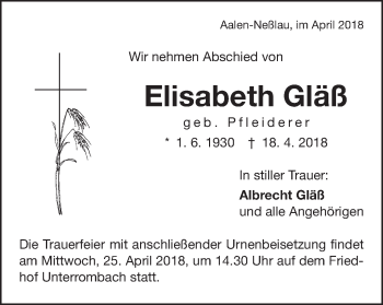 Traueranzeige von Elisabeth Gläß von Schwäbische Post