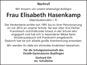 Traueranzeige von Elisabeth Hasenkamp von Schwäbische Post