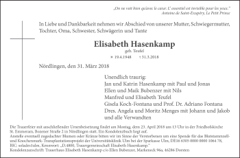 Traueranzeige von Elisabeth Hasenkamp von Schwäbische Post