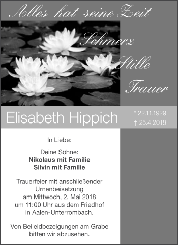 Traueranzeige von Elisabeth Hippich von Schwäbische Post