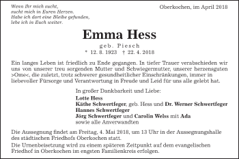 Traueranzeige von Emma Hess von Schwäbische Post