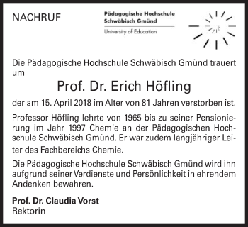 Traueranzeige von Erich Höfling von Gmünder Tagespost