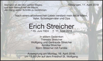 Traueranzeige von Erich Streicher von Schwäbische Post