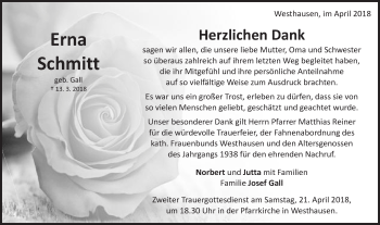 Traueranzeige von Erna Schmitt von Schwäbische Post