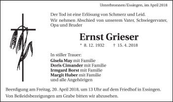 Traueranzeige von Ernst Grieser von Schwäbische Post