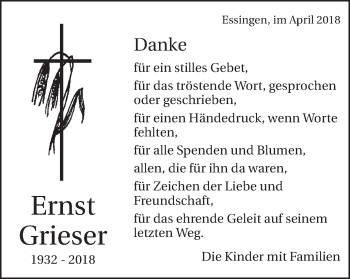 Traueranzeige von Ernst Grieser von Schwäbische Post