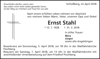 Traueranzeige von Ernst Stahl von Schwäbische Post