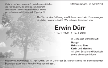 Traueranzeige von Erwin Dürr von Schwäbische Post