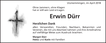 Traueranzeige von Erwin Dürr von Schwäbische Post