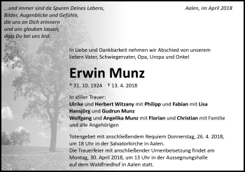 Traueranzeige von Erwin Munz von Schwäbische Post