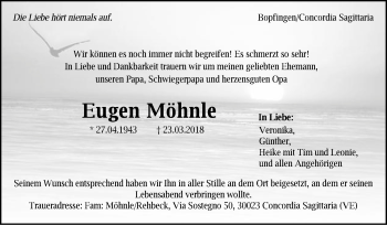 Traueranzeige von Eugen Möhnle von Schwäbische Post