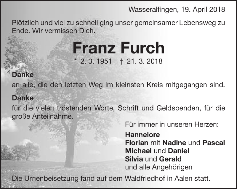  Traueranzeige für Franz Furch vom 19.04.2018 aus Schwäbische Post