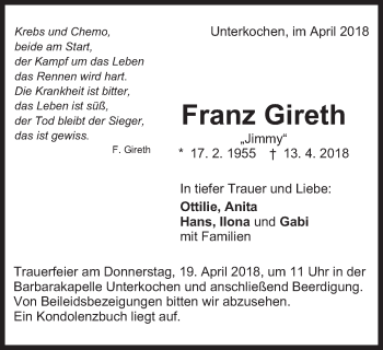 Traueranzeige von Franz Gireth von Schwäbische Post