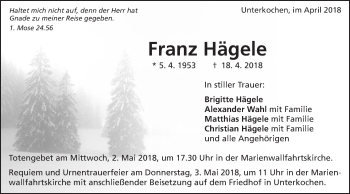 Traueranzeige von Franz Hägele von Schwäbische Post