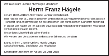 Traueranzeige von Franz Hägele von Schwäbische Post