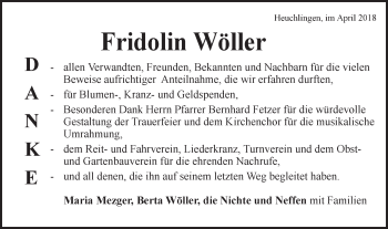 Traueranzeige von Fridolin Wöller von Gmünder Tagespost