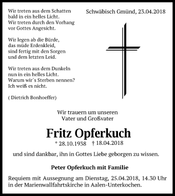 Traueranzeige von Fritz Opferkuch von Gmünder Tagespost