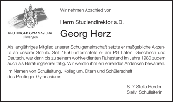 Traueranzeige von Georg Herz von Schwäbische Post