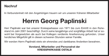 Traueranzeige von Georg Paplinski von Schwäbische Post