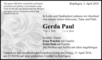 Traueranzeige von Gerda Paul von Schwäbische Post