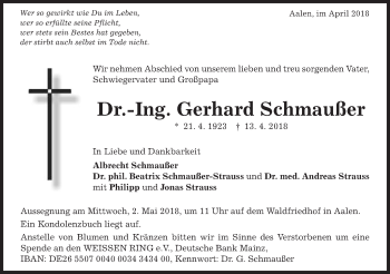 Traueranzeige von Gerhard Schmaußer von Schwäbische Post