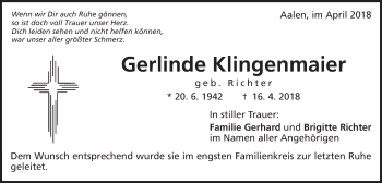 Traueranzeige von Gerlinde Klingenmaier von Schwäbische Post