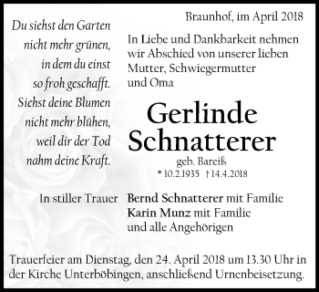 Traueranzeige von Gerlinde Schnatterer von Gmünder Tagespost