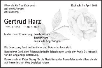 Traueranzeige von Gertrud Harz von Gmünder Tagespost