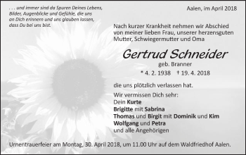 Traueranzeige von Gertrud Schneider von Schwäbische Post