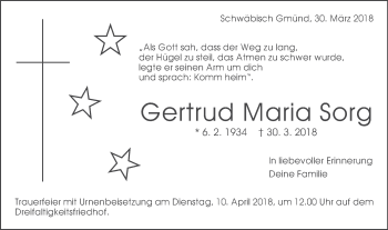 Traueranzeige von Gertrud Maria Sorg von Gmünder Tagespost