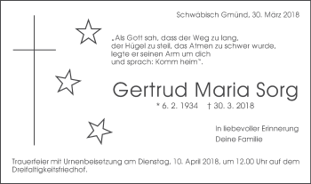 Traueranzeige von Gertrud Maria Sorg