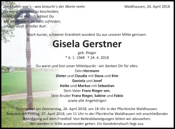 Traueranzeige von Gisela Gerstner von Schwäbische Post