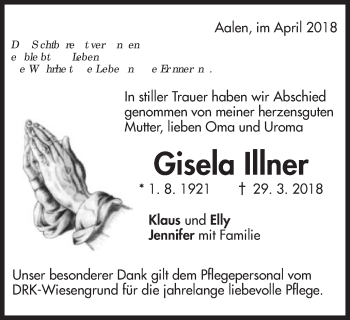 Traueranzeige von Gisela Illner von Schwäbische Post