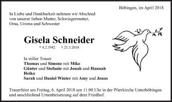 Traueranzeige von Gisela Schneider von Gmünder Tagespost